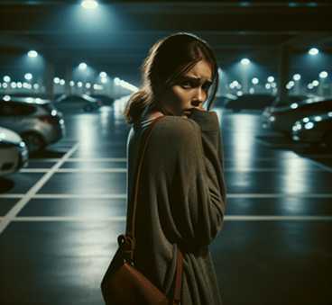 Scared woman in parking lot